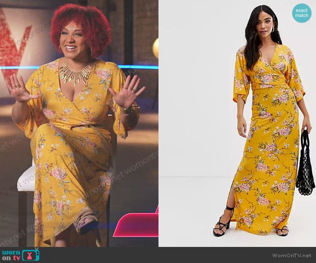 QED London Wrap Front Maxi Dress in floral print worn by Cait Martin on The Voice