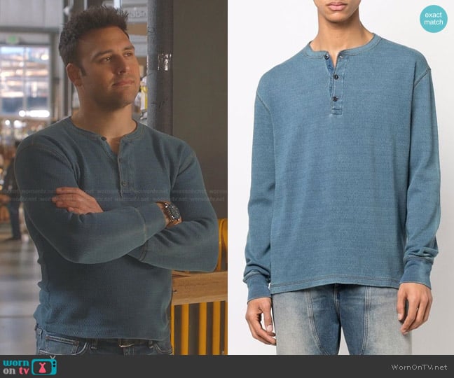 Ralph Lauren RRL Indigo Jacquard-Knit Henley worn by Eddie (Ryan Guzman) on 9-1-1