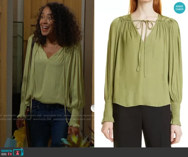 Rebecca Taylor Tie Neck Sateen Blouse worn by Yolanda Hamilton (Chene Lawson) on The Young and the Restless