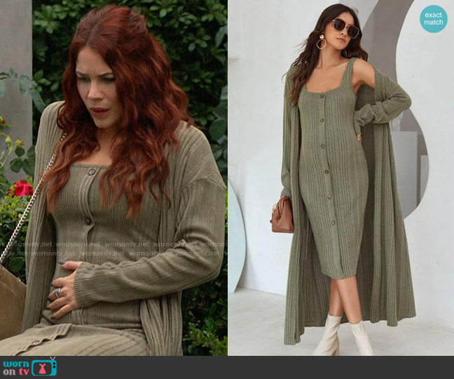 Shein Maternity Button Front Bodycon Dress & Drop Shoulder Open Front Coat worn by Sally Spectra (Courtney Hope) on The Young and the Restless