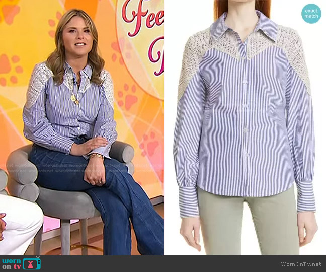 Veronica Beard Sachse Stripe Crochet Accent Cotton Blouse worn by Jenna Bush Hager on Today