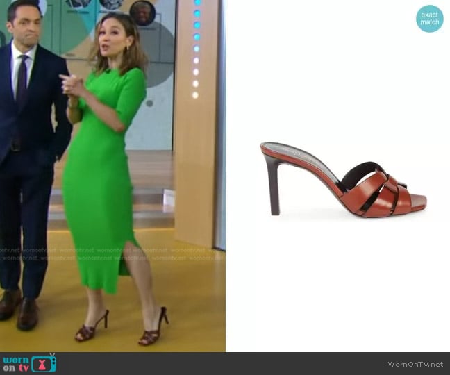 Saint Laurent Tribute Leather Mules worn by Eva Pilgrim on Good Morning America