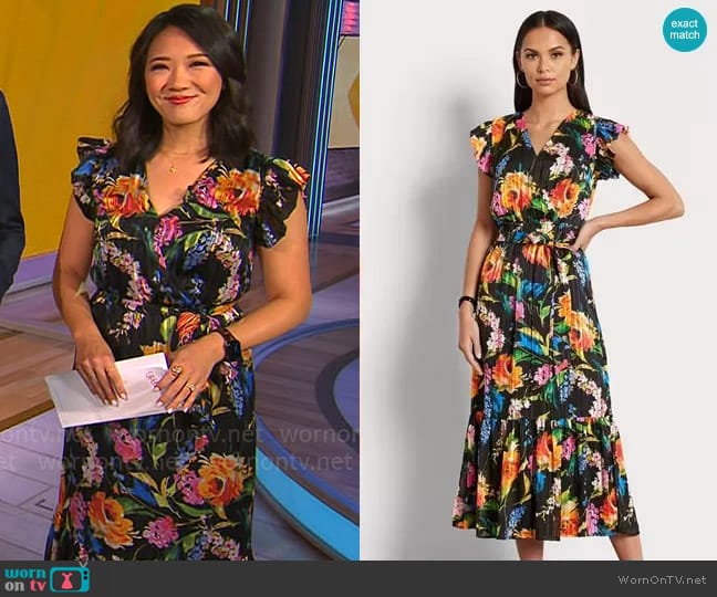 Sam Edelman Floral V-neck Midi Dress worn by Nancy Chen on CBS Mornings