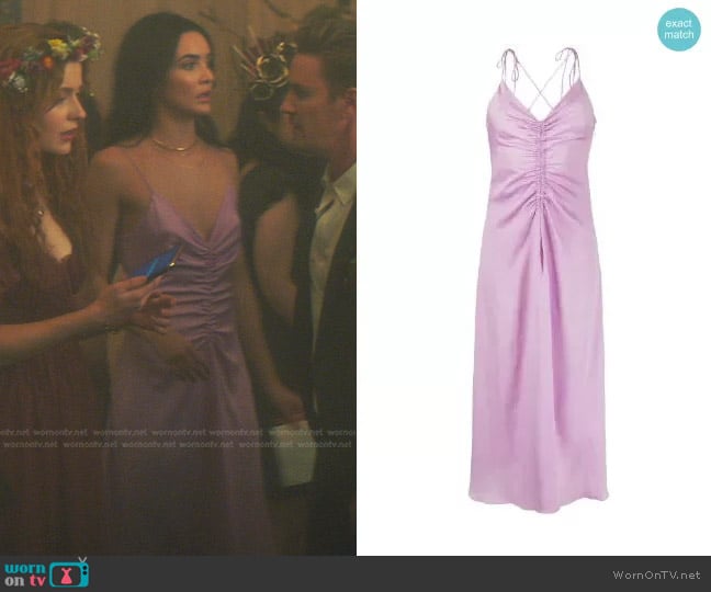 Sandro Ruched Satin-Crepe Midi Dress in lilac worn by Bess (Maddison Jaizani) on Nancy Drew