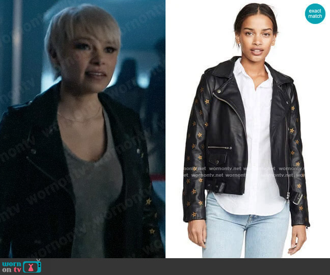 Scotch & Soda Leather Embroidered Star Sleeve Biker Jacket worn by Nora West-Allen (Jessica Parker Kennedy) on The Flash