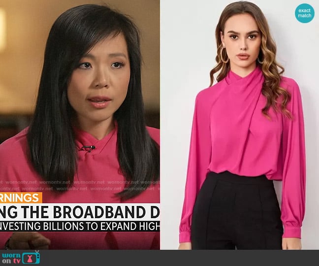 Shein Unity Cross Wrap Front Bishop Sleeve Top worn by Weijia Jiang on CBS Mornings