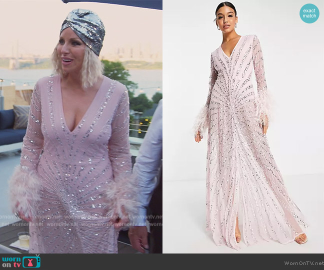 ASOS Starlet plunge embellished maxi dress with faux feather cuffs in baby pink worn by Margaret Josephs on The Real Housewives of New Jersey