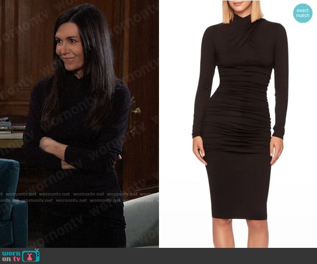 Susana Monaco Crisscross Mock-Neck Ruched Bodycon Dress worn by Anna Devane (Finola Hughes) on General Hospital