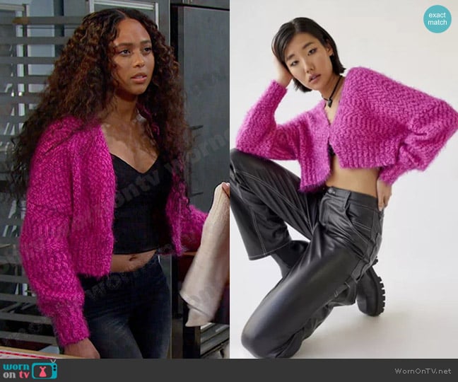 Urban Outfitters Elise Cropped Fuzzy Cardigan worn by Talia Hunter (Aketra Sevellian) on Days of our Lives