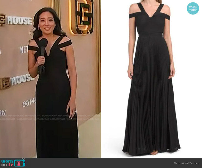 Ungaro Pleated Off-The-Shoulder Gown worn by Kathy Park on NBC News Daily