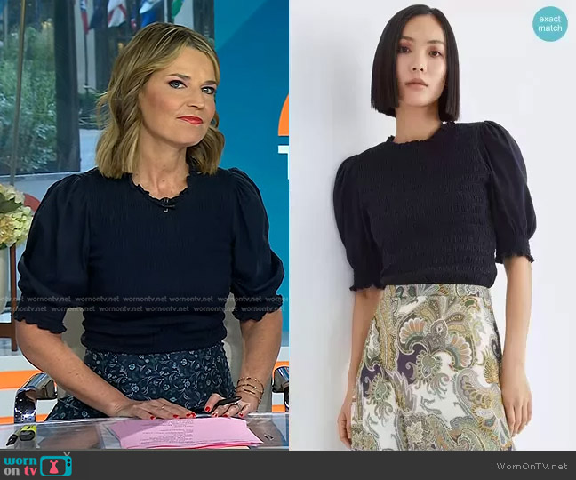 Veronica Beard Langston Smocked Top worn by Savannah Guthrie on Today