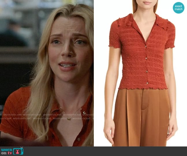 Vince Smock Short Sleeve Button-Up Blouse in Rust Amber worn by Sylvie Brett (Kara Killmer) on Chicago Fire