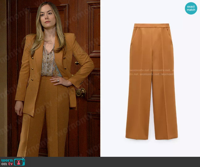 Zara High Waisted Wide Leg Pants in Dark Camel worn by Hope Logan (Annika Noelle) on The Bold and the Beautiful