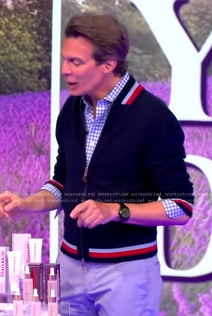 Adam Glassman's navy striped trim cardigan on The View