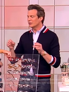 Adam Glassman's navy striped trim cardigan on The View