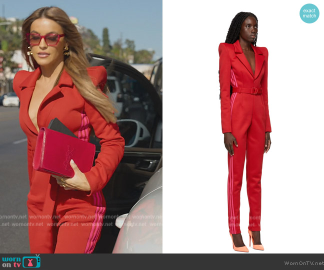 Chrishell's red side stripe suit on Selling Sunset
