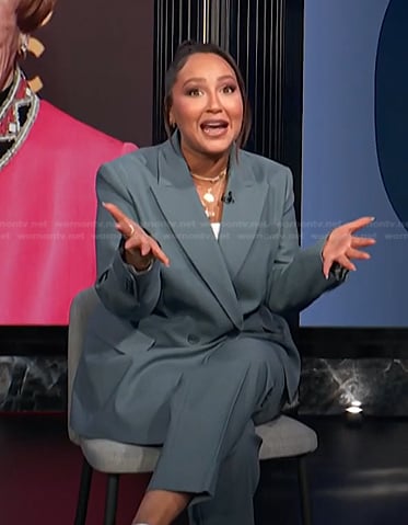 Adrienne’s blue double breasted blazer and pants on E! News