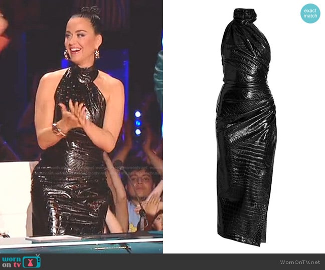 Alaia Ruched Croc-Effect Vinyl Halterneck Midi Dress worn by Katy Perry on American Idol