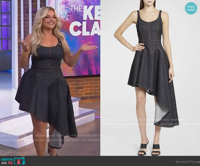 Alexander McQueen Asymmetric denim dress worn by Bebe Rexha on The Kelly Clarkson Show