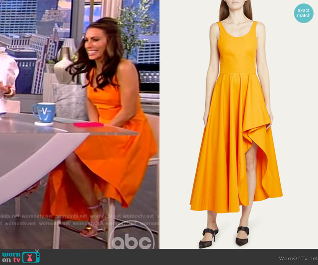 Alexander McQueen Poplin Midi Dress with Asymmetric Ruffle Slit worn by Alyssa Farah Griffin on The View