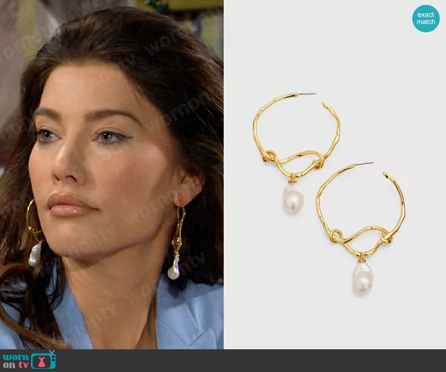 Alexis Bittar 14K Gold-Plated Brass Twisted Pearl Drop Hoop Earrings worn by Steffy Forrester (Jacqueline MacInnes Wood) on The Bold and the Beautiful