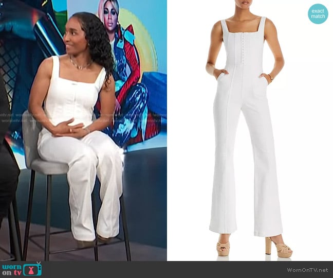 Alice + Olivia Chels Corset Denim Jumpsuit worn by Rozonda Thomas on E! News