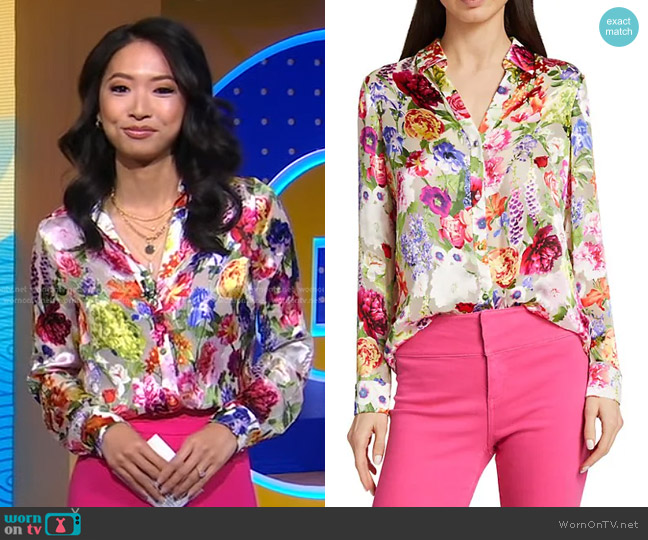 Alice + Olivia Eloise Floral Print Viscose & Silk Blouse worn by Jaclyn Lee on Good Morning America