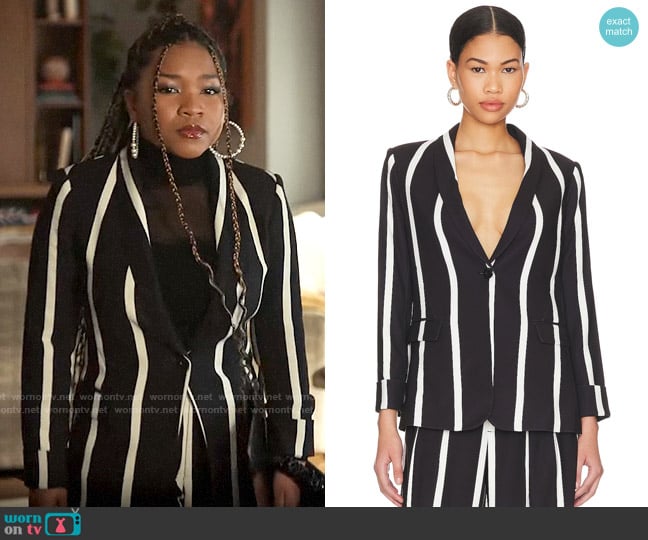 Alice + Olivia Macey Blazer in Modern Vertical Stripe worn by Delilah (Laya DeLeon Hayes) on The Equalizer