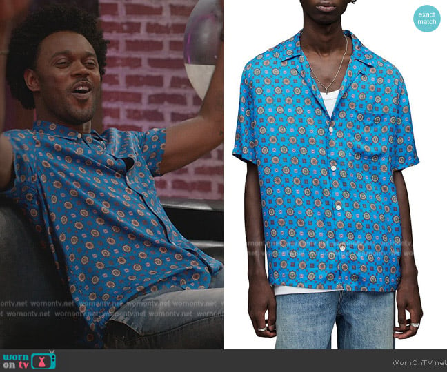 All Saints Emblem Geo Print Regular Fit Camp Shirt worn by Noah Koles (Echo Kellum) on Grand Crew