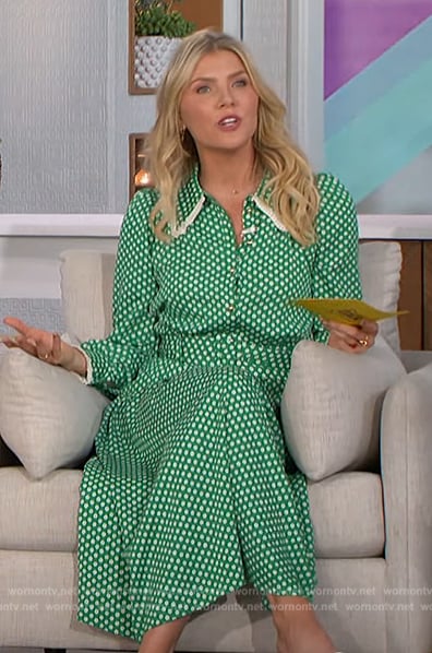 Amanda’s green floral print belted dress on The Talk