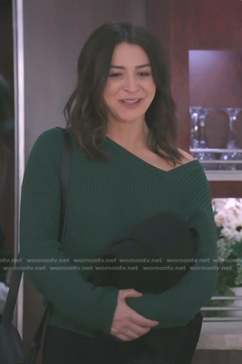 Amelia's green ribbed asymmetric neck sweater on Greys Anatomy