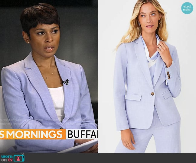 Ann Taylor The Notched One Button Blazer in Cross Weave in Deep Wisteria worn by Jericka Duncan on CBS Mornings