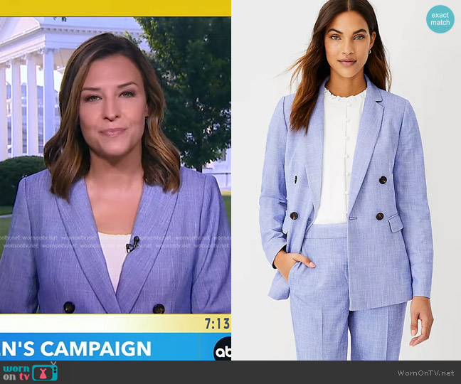 Ann Taylor The Relaxed Double Breasted Long Blazer in Cross Weave worn by Mary Bruce on Good Morning America