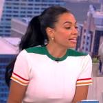 Aurora James’s white striped top and skirt on The View