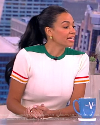 Aurora James's white striped top and skirt on The View