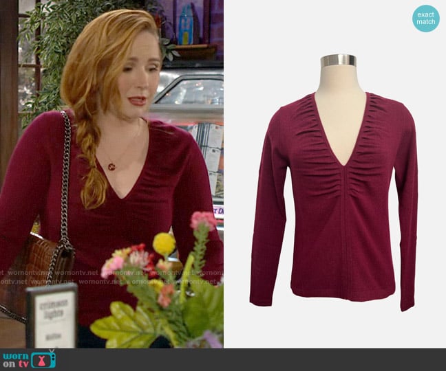 Autumn Cashmere Ruched Slim V-neck Sweater in Pinot worn by Mariah Copeland (Camryn Grimes) on The Young and the Restless