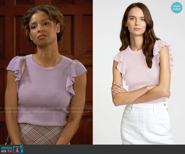 Autumn Cashmere Rib Flutter Shoulder Crew worn by Elena Dawson (Brytni Sarpy) on The Young and the Restless