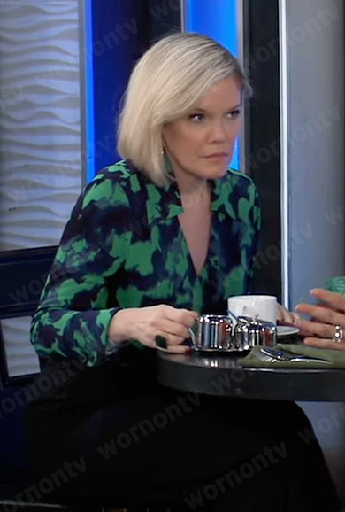 Ava’s green and navy printed wrap top on General Hospital