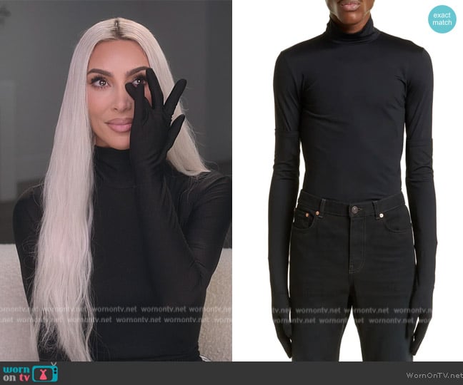 Balenciaga Crepe Jersey Turtleneck Top with Detached Gloves worn by Kim Kardashian (Kim Kardashian) on The Kardashians