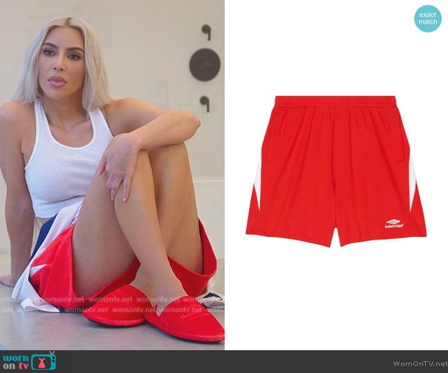 Balenciaga logo-print slip-on swim shorts worn by Kim Kardashian (Kim Kardashian) on The Kardashians