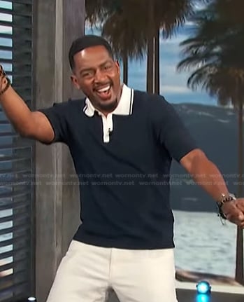 Bill Bellamy’s navy contrast collar polo shirt on Access Hollywood