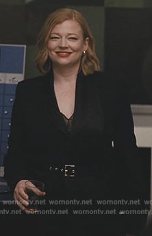 Shiv's black belted blazer on Succession