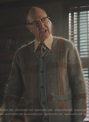 Dr Werthers' blue plaid fuzzy cardigan on Riverdale