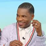 Kirk Franklin’s blue cable knit stripe trim cardigan on Tamron Hall Show