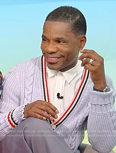 Kirk Franklin's blue cable knit stripe trim cardigan on Tamron Hall Show