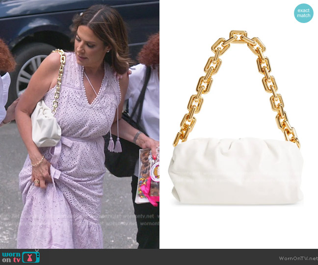 The Chain Pouch Leather Shoulder Bag by Bottega Veneta worn by Jenn Fessler on The Real Housewives of New Jersey