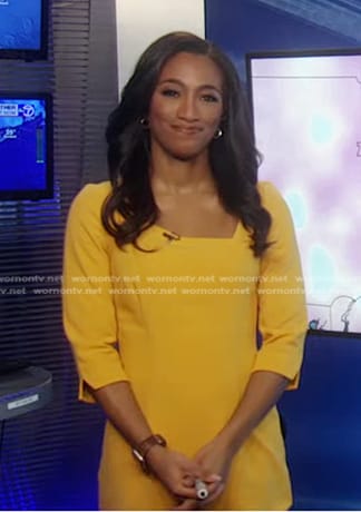 Brittany Bell's yellow asymmetric neck dress on Good Morning America