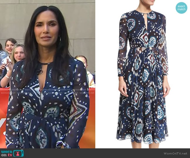 Burberry  Long-Sleeve Floral Tie-Dye Midi Dress in Crepon Ink worn by Padma Lakshmi on Today