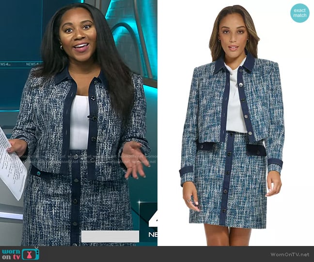 Calvin Klein Denim Trim Cropped Tweed Jacket and Skirt worn by Kay Angrum on NBC News Daily