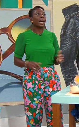 Candi Carter's green top and floral pants on CBS Mornings